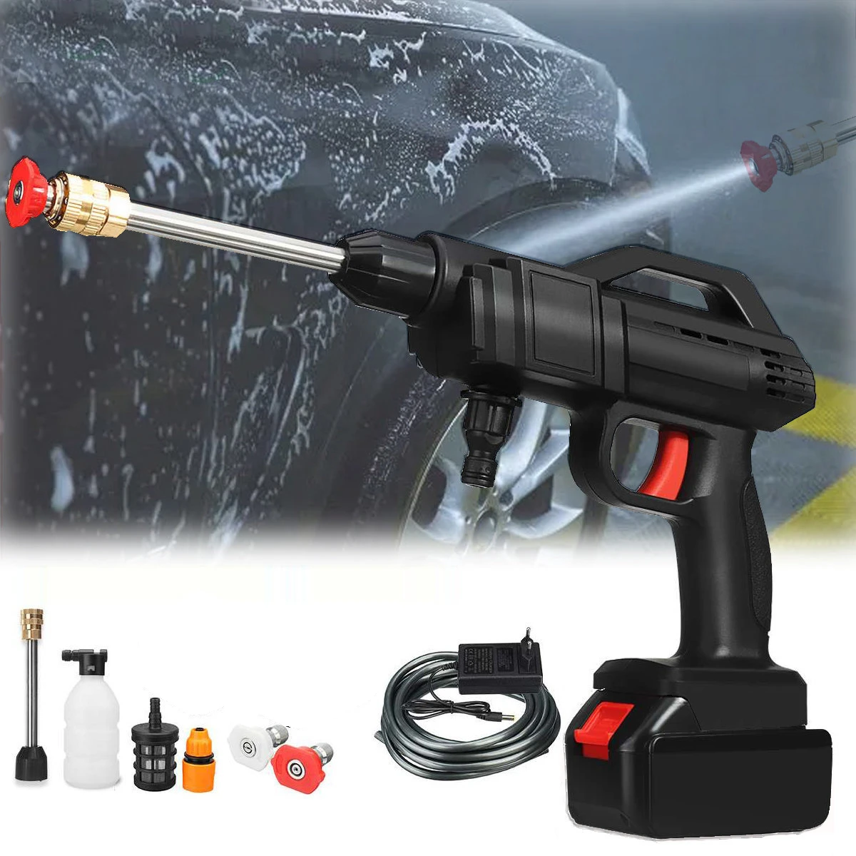 High Pressure Electric Car Washer Gun with 48V Rechargeable Battery Power Car Wash Foam Gun